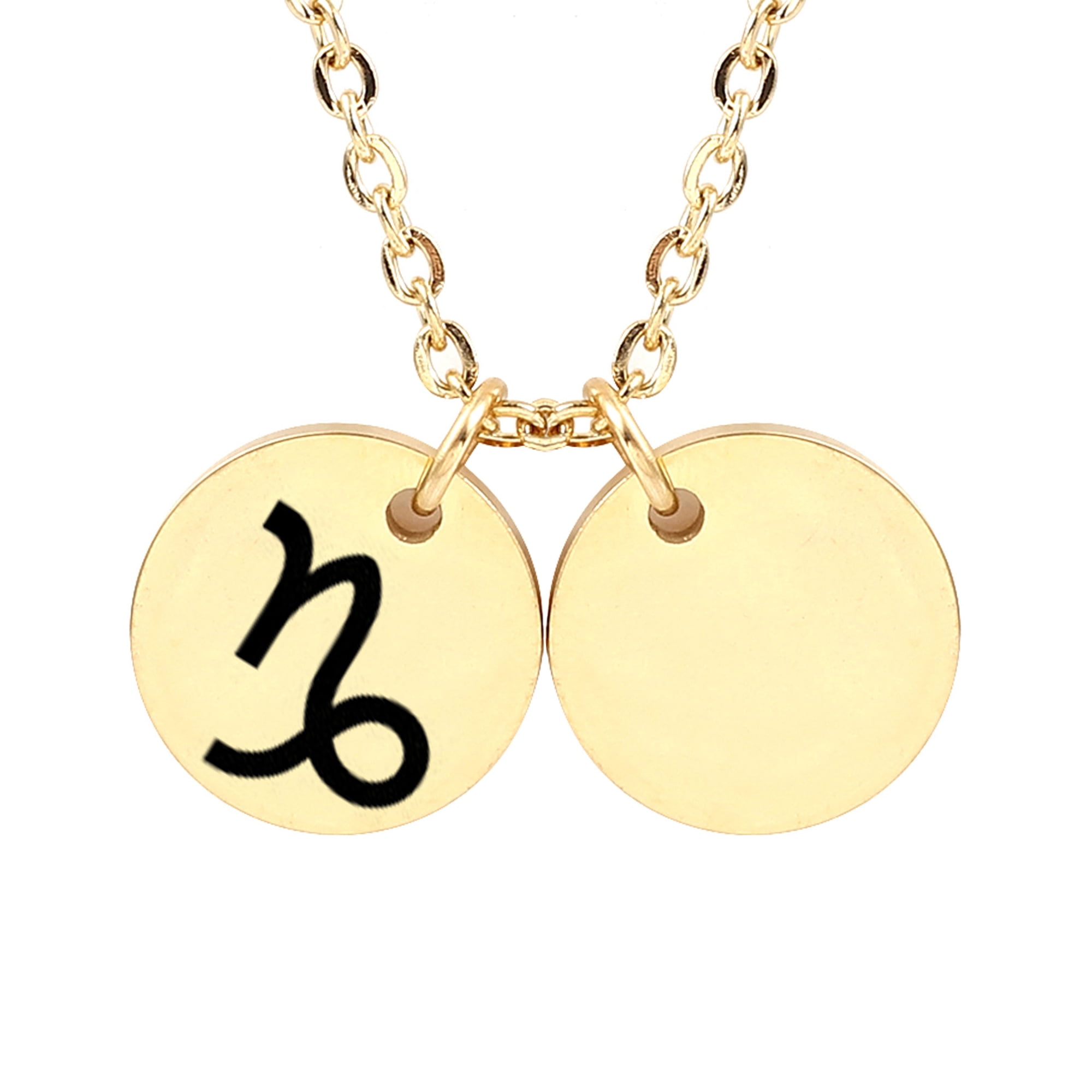 Personalized Round Constellation Initial Necklace - Engraved Zodiac Symbol Jewelry - Christmas Gift for Her - Stainless Steel - 18" Chain - Gold Capricorn