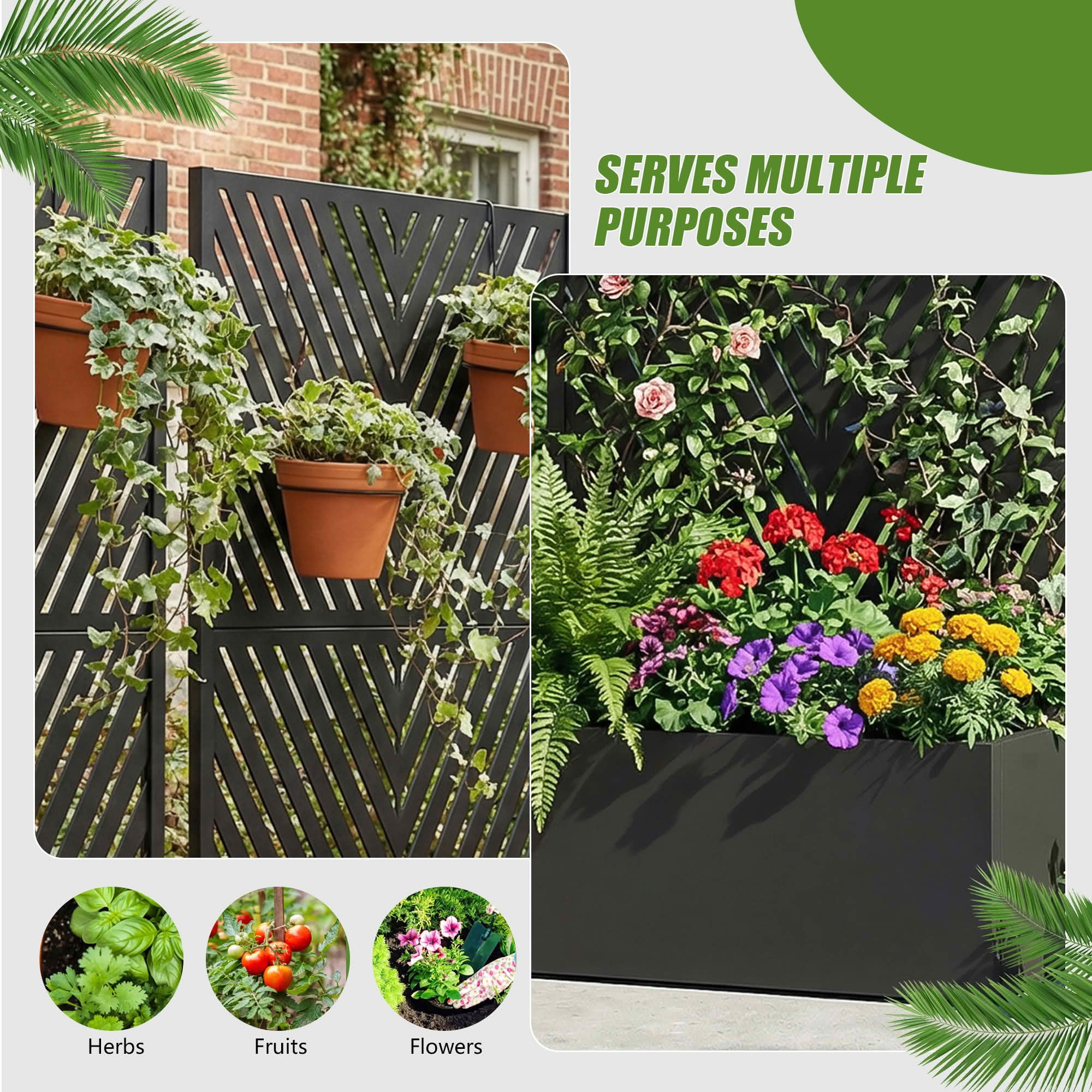 MAYEERTY 59X30" Metal Outdoor Black Privacy Screen with Planter Box for Backyard & Garden, 2 Piece Set, Double‑sided Installation