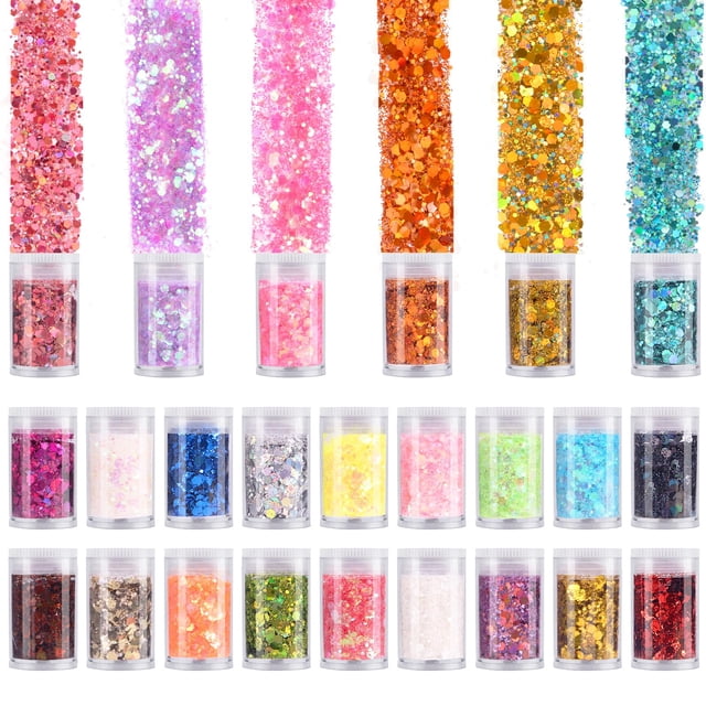 LICOOL GLITTER - Paquete de 24 purpurina gruesa y fina mixta para decoración de uñas, rostro, cuerpo, cabello, lentejuelas iridiscentes, purpurina suelta, resina epoxi para manualidades, limo, copos e
