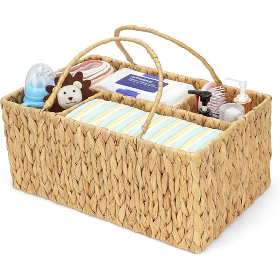 Large Baby Diaper Caddy Organizer, Handwoven Water Hyacinth Storage Basket, Portable Wicker Car Diaper Storage Bin for Nursery and Travel