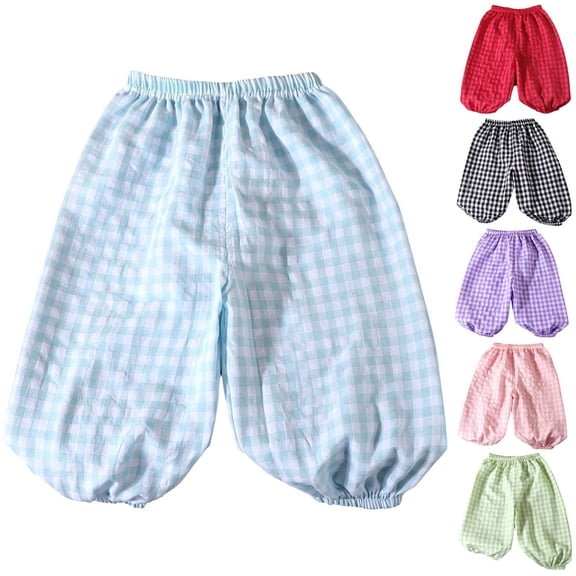 FRSASU Girl's Summer Gingham Bubble Pants Casual Plaid Elastic Waist Long Bloomers Trousers Lounge Bottoms Sweatpants Red