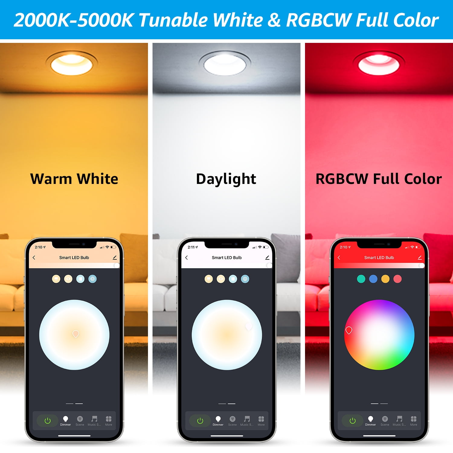 6 Pack BR30 Smart LED Light Bulbs, WiFi & Bluetooth, 60W Equiv, E26 Base