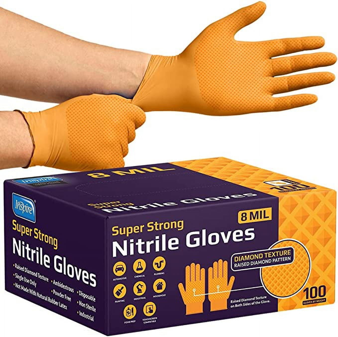 Inspire Orange Nitrile Disposable Gloves | ULTRA 8 Mil Gloves Diamond Textured for Secure Grip
