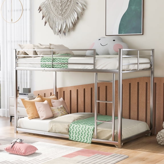 Twin over Twin Metal Bunk Bed, Low Bunk Bed with Ladder,Silver
