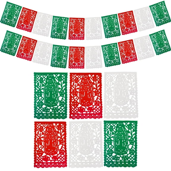 Mexican Flag Fiesta Party Banner with Virgin of Guadalupe, Papel Picado with Virgen de Guadalupe, 2-pack, 30ft