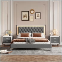 Bedroom Furniture Set, Queen Size Upholstered Platform Bed with LED Lights & 2 Nightstands - Slate Gray | Velvet | Standard Beds