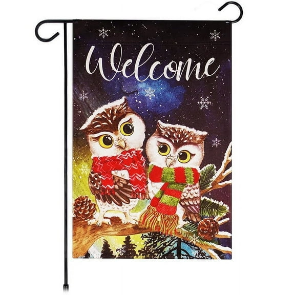 G128-12"x18" Double-Sided Christmas Garden Flag Winter Outdoor Flag Decor, Welcome Cozy Owls Scarves