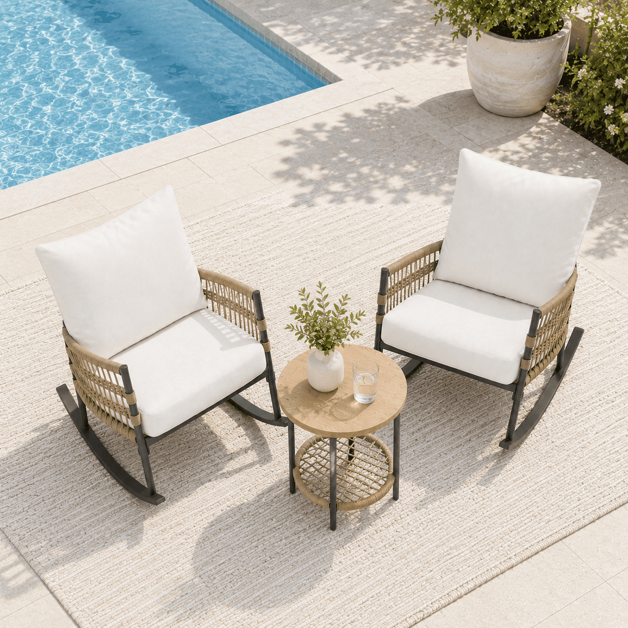 LAUSAINT HOME Outdoor Conversation Sets, 3-Piece Green Metal Patio Furniture Set with 2 Rocking Chairs, Green Cushions