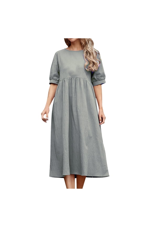 Women Dress Spring Round Neck Short Sleeve Solid Color Loose Dress or
