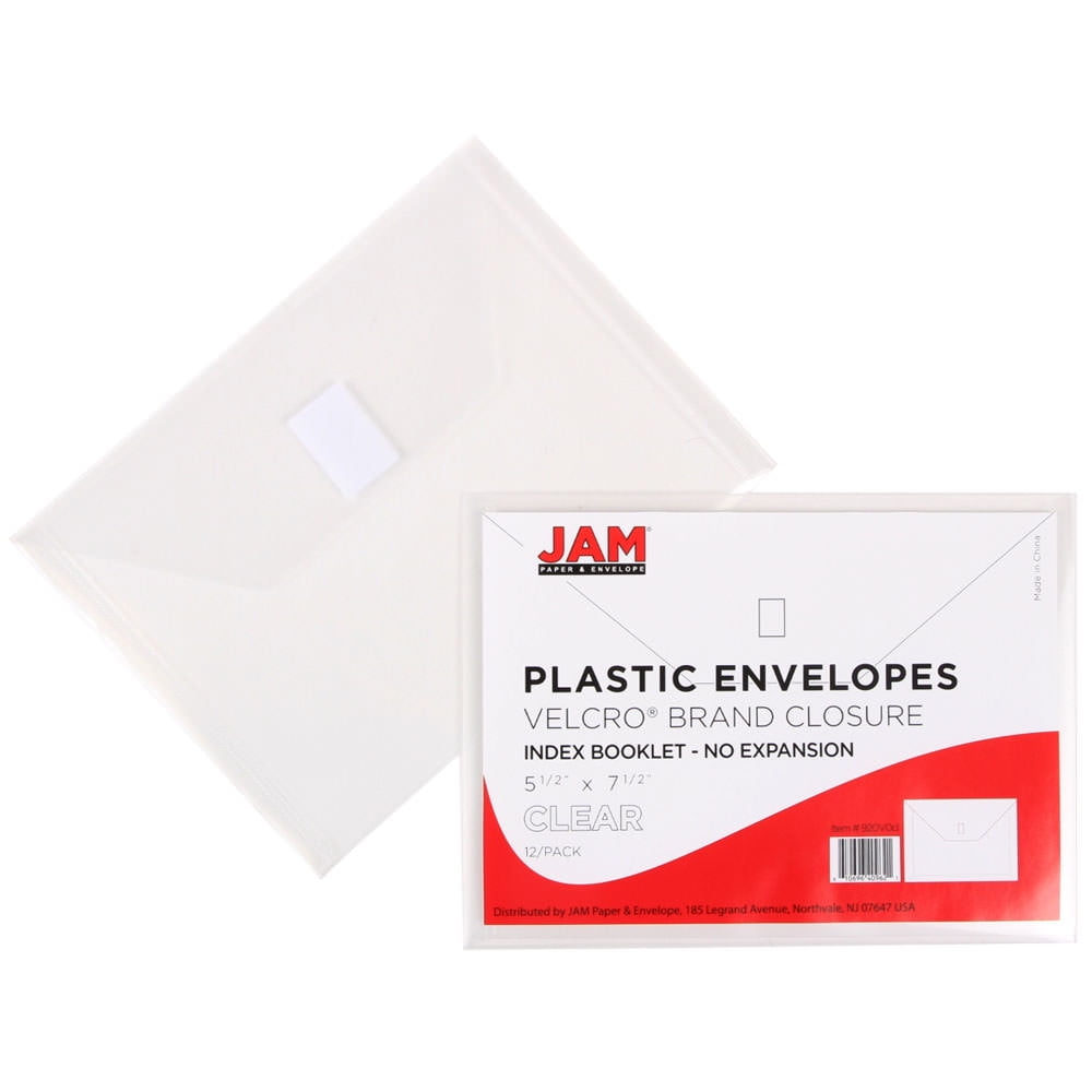 JAM Paper Plastic Envelopes with Hook & Loop Closure, Index, 5 1/2 x 7 1/2, Clear, 3/Pack