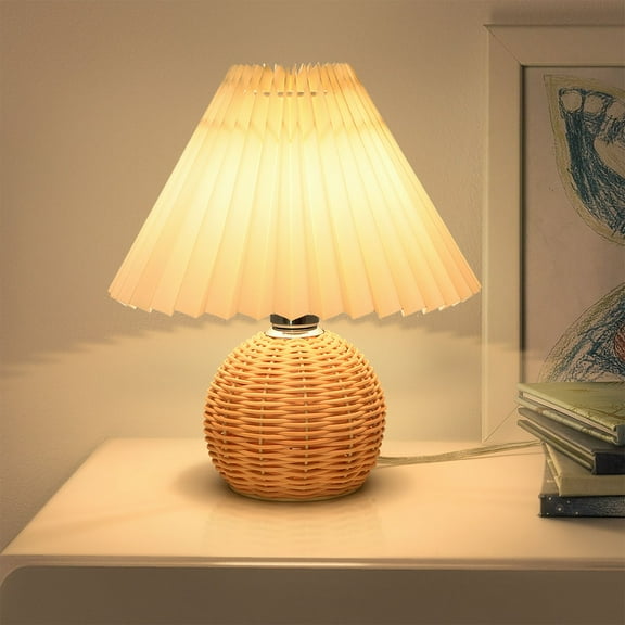 KUNJOULAM Pleated Table Lamp, Modern Simple Rattan Metal Base Bedside Lamp with Beige Lampshade  Desk Light for Bedroom  Decor Use E12 Bulb
