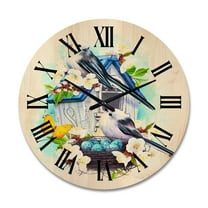 Designart 'Two Tit Birds Sitting Near The Nest With Eggs and White Flowers II' Traditional Wood Wall Clock