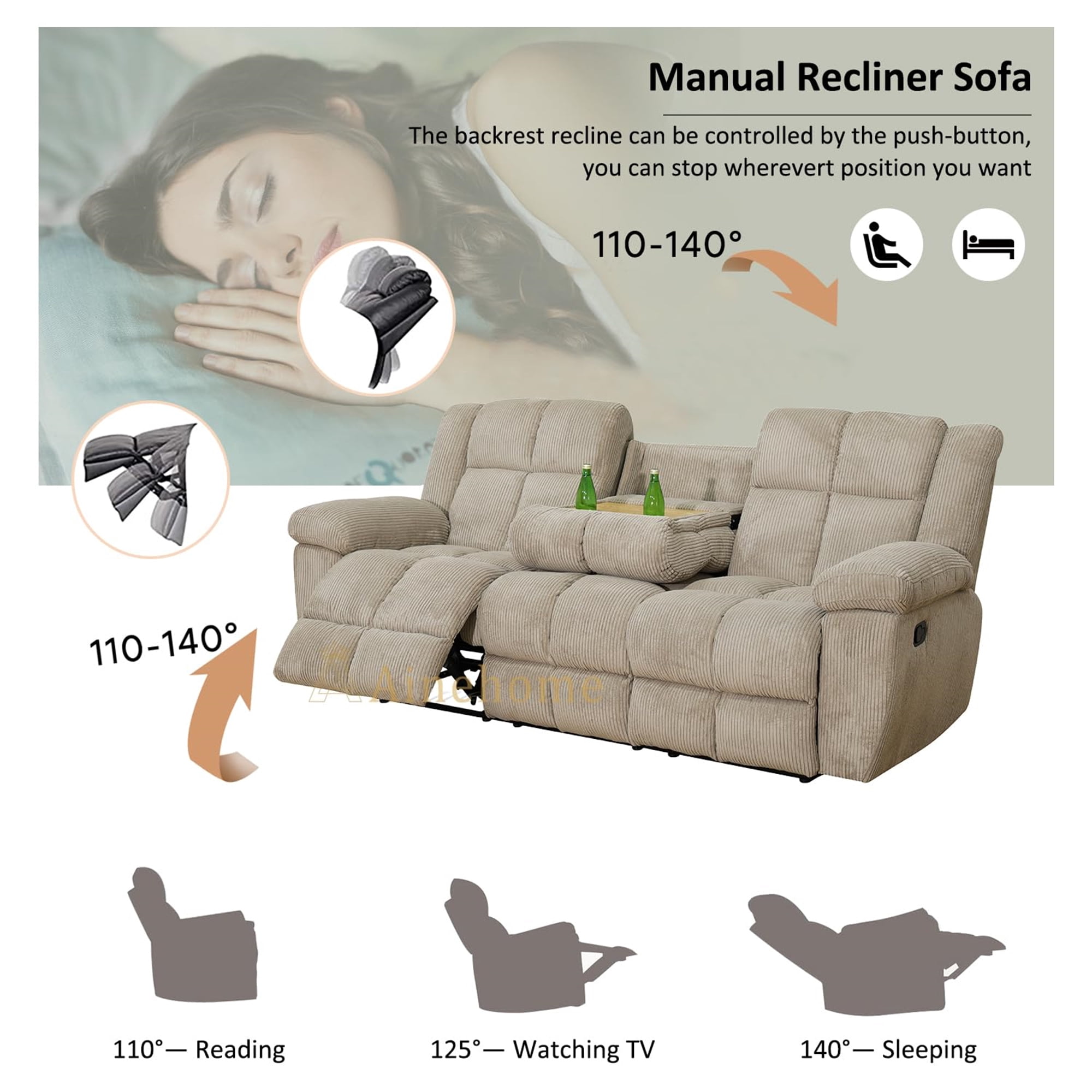 Aukfa 3-Piece Recliner Sofa Set - 89" 3 Seat Recliner w/ Flip Backrest Cupholder, Home Theater Seating, Beige