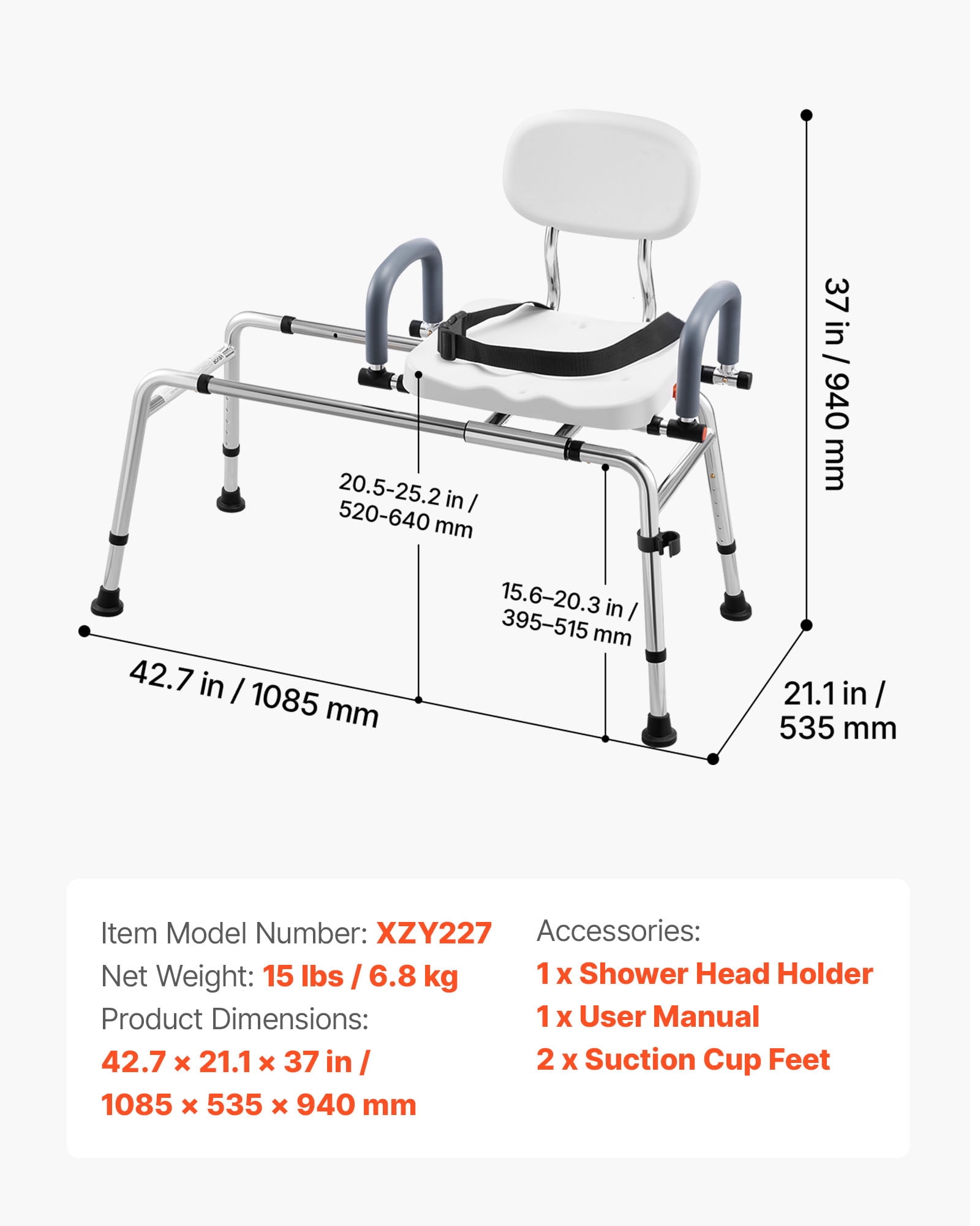 VEVOR Sliding Shower Chair, 400 lbs Tub Transfer Bench for Bathtub with Swivel Seat, Shower Bench with Pivoting Arms and Backrest, Height & Width Adjustable for Handicap, Seniors,Elderly and Disabled