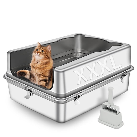 Bartuke XXXL Stainless Steel Cat Litter Box 27.5"x19.7"x12", High Sided Semi-Enclosed with Scoop, Odor Control, Easy Clean, for Big & Multiple Cats, Silver Gray