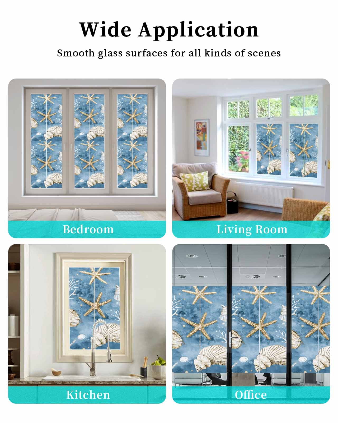 Window Privacy Film Blue Coastal Stained Glass Window Film Decorative Sun Block Window Cover Summer Beach Starfish Shell Sea Window Clings Static Adhesive Sticker for Bathroom 23.6"x78.7"
