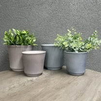 Tierra Garden 6.3" & 4.7" Dia. Indoor Ceramic Plant Pot Set - Blue-Gray & Warm-Gray - Ribbed Design - 4 Piece Set