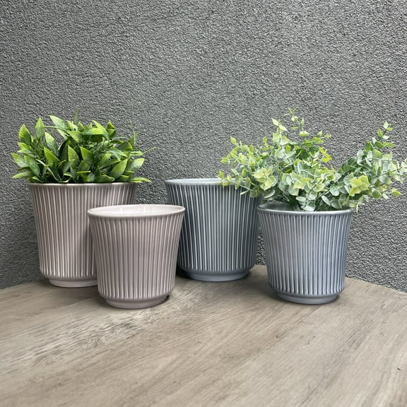 Tierra Garden 6.3" & 4.7" Dia. Indoor Ceramic Plant Pot Set - Blue-Gray & Warm-Gray - Ribbed Design - 4 Piece Set