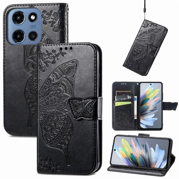 Butterfly Embossed Wallet Case for Motorola Moto G 5G 2025 / 2026, PU Leather Flip Cover with Card Holder, Kickstand & Lanyard, Shockproof,,Black