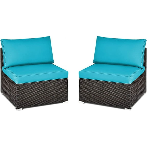 RELAX4LIFE 2-Piece Wicker Armless Sofa - PE Rattan Sectional Sofa Set w/Removable Cushions, All-Weather Sofa Chair Set for Porch, Balcony, Garden, Poolside, Outdoor Patio Sofa (Turquoise)