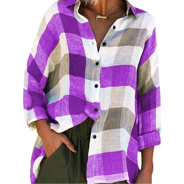Innerwin Blouse Col à Revers Chemises pour Femmes Plage Boutonnée Hauts Décontractés Violet m