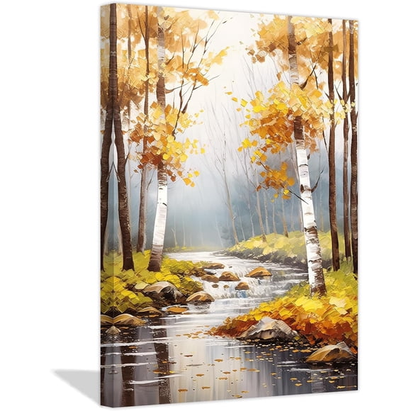 ZHONGYUTONG Fall Scenery Canvas Wall Art White Birch Trees Nature Lake Forest Oil Painting Prints Autumn Artwork Home Decor Framed (24.00" x 36.00")