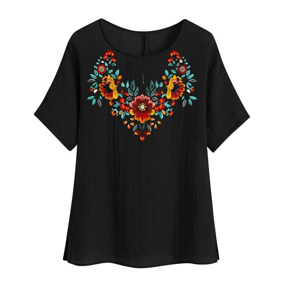 jtjvou Women's Summer Short Sleeve Tees Round Neck Tuinc Plus Size Lady Going out Tops for Teen Trendy Fashion Floral Print Shirts Black,L