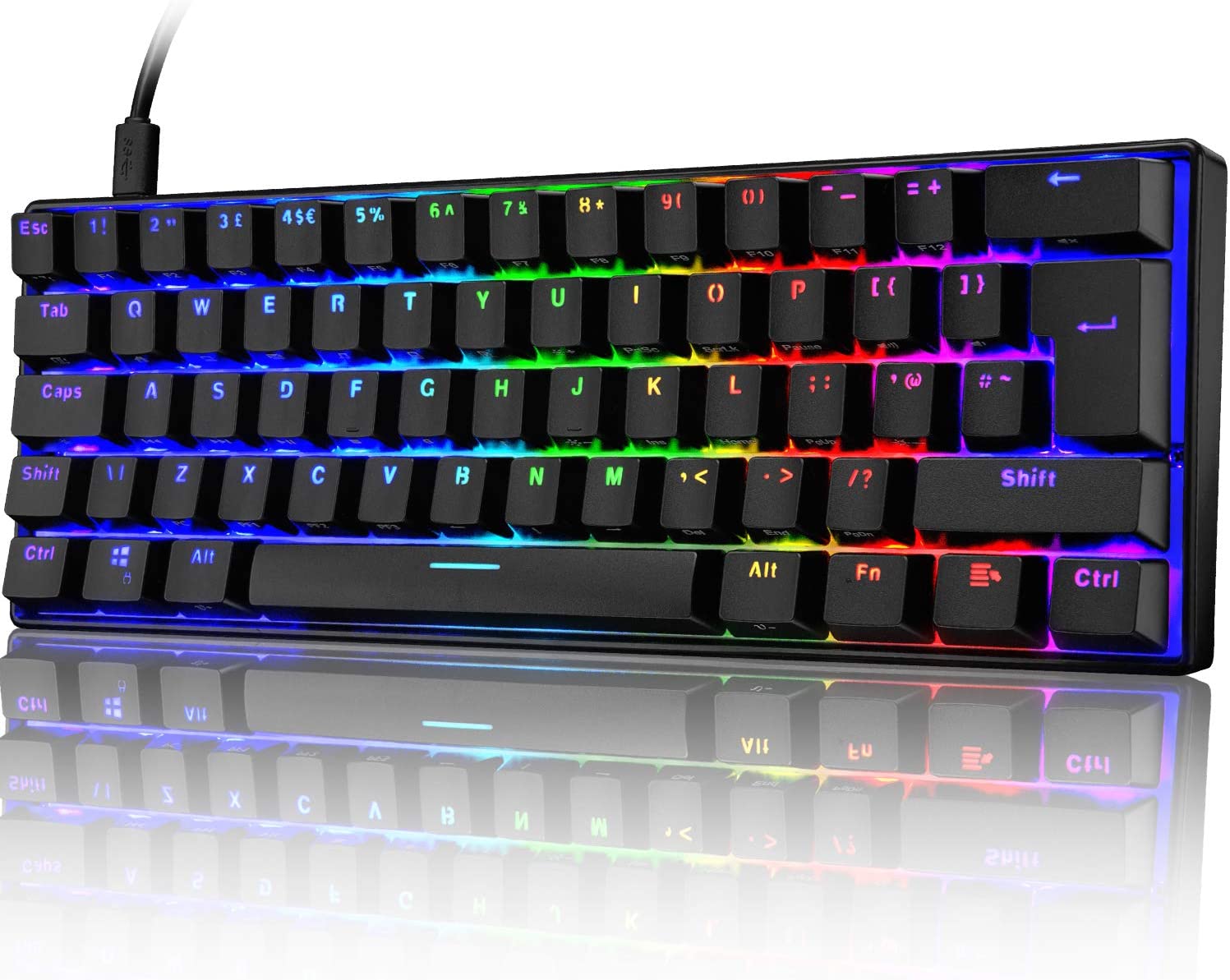 MAGIC-REFINER UK Layout 60% True Mechanical Gaming Keyboard Type C Wired 62 Keys RGB LED Backlit USB Waterproof Keyboard Full Anti-ghosting Keys for Computer/PC/Laptop/MAC (Black/Blue Switch)