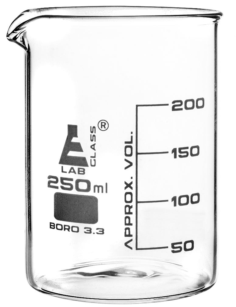Beaker, 250ml - Griffin Style, Low Form with Spout - White, 50ml Graduations - Borosilicate 3.3 Glass - Eisco Labs