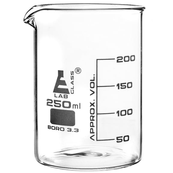 Beaker, 250ml - Griffin Style, Low Form with Spout - White, 50ml Graduations - Borosilicate 3.3 Glass - Eisco Labs