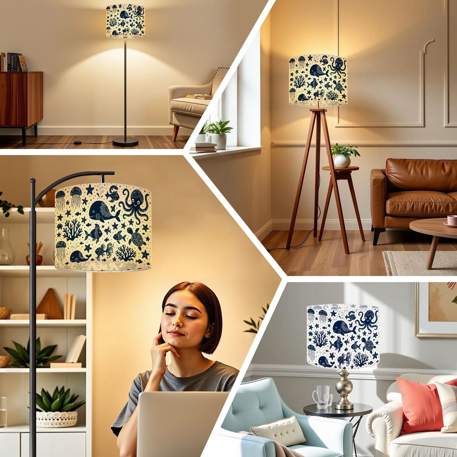 Linen Drum Lampshades Seamless sea underwater animals Cute cartoon jellyfish octopus 13"x13"x10" Light Shade for Table Lamps Floor Lamps Drum Lamp Shades Lampshade Replacement Assembly Required