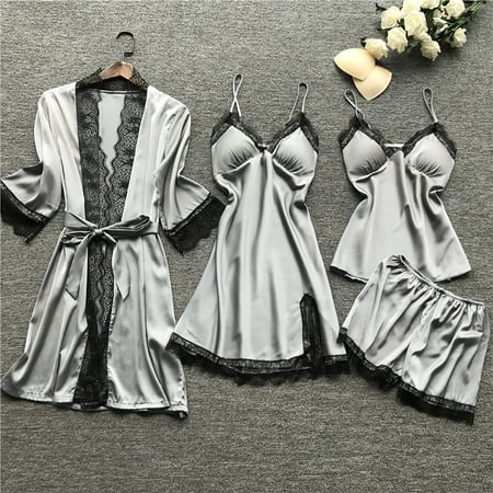 

ZZWXWB Robes For Women Lingerie Women Silk Lace Robe Dress Babydoll Sleepwear Nightdress Pajamas Set Gray S ac62