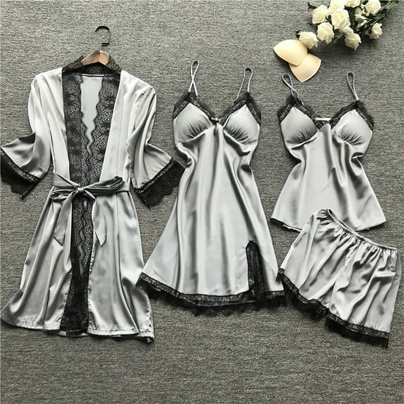 IDALL Womens Pajama Sets Night Gowns for Adult Women Silk Pajamas for Women Sleepwear Lace Robe Set Pajamas Nightsilk Lace Tops for Women Womens Loungewear Set Grey 3XL