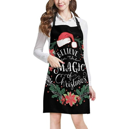 

ASHLEIGH Believe in The Magic of Christmas with Santa Claus Hat Adjustable Bib Apron with Pockets Commercial Restaurant and Home Kitchen Apron for Women Men