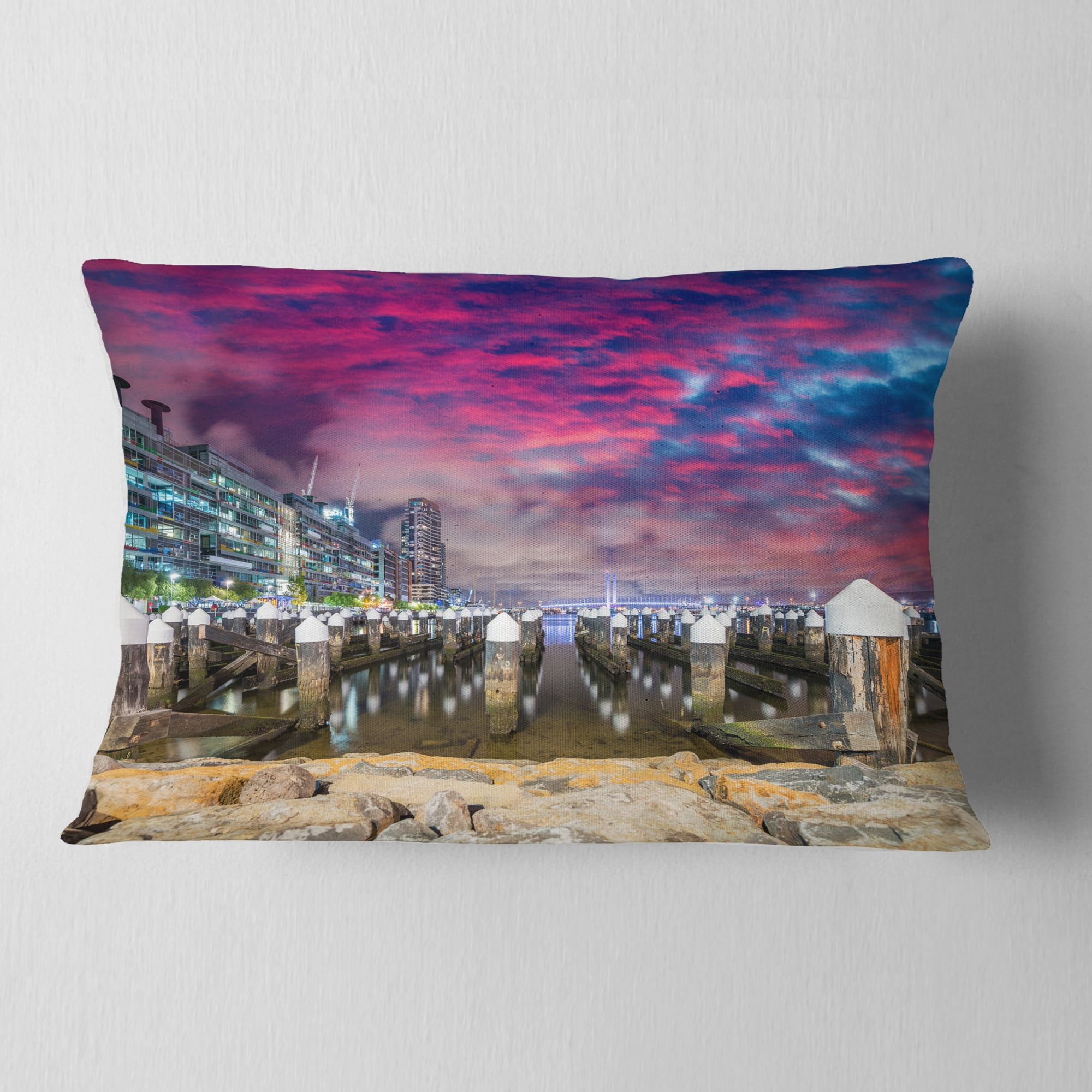 Designart Pier at Melbourne Harbor - Seascape Photography Throw Pillow - 12x20