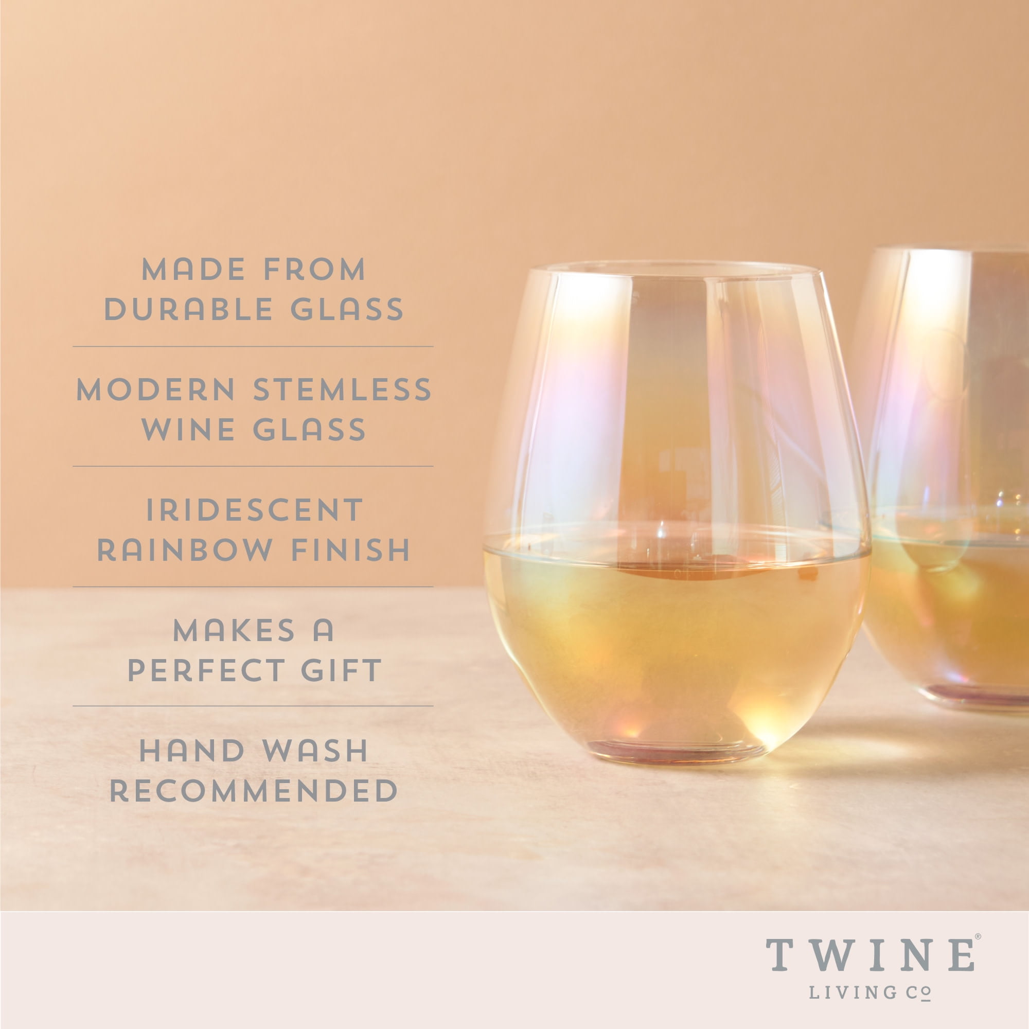 Twine Luster Stemless Wine Glasses for Birthday, Wedding, 20 oz, Set of 2
