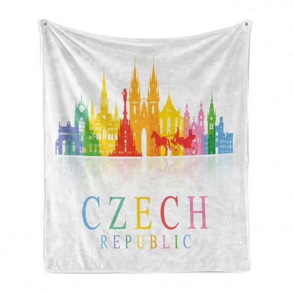 Prague Soft Flannel Fleece Throw Blanket, Rainbow Colored Composition with Building Silhouettes Czech Republic Typography, Cozy Plush for Indoor and Outdoor Use, 50" x 60", Multicolor, by Ambesonne