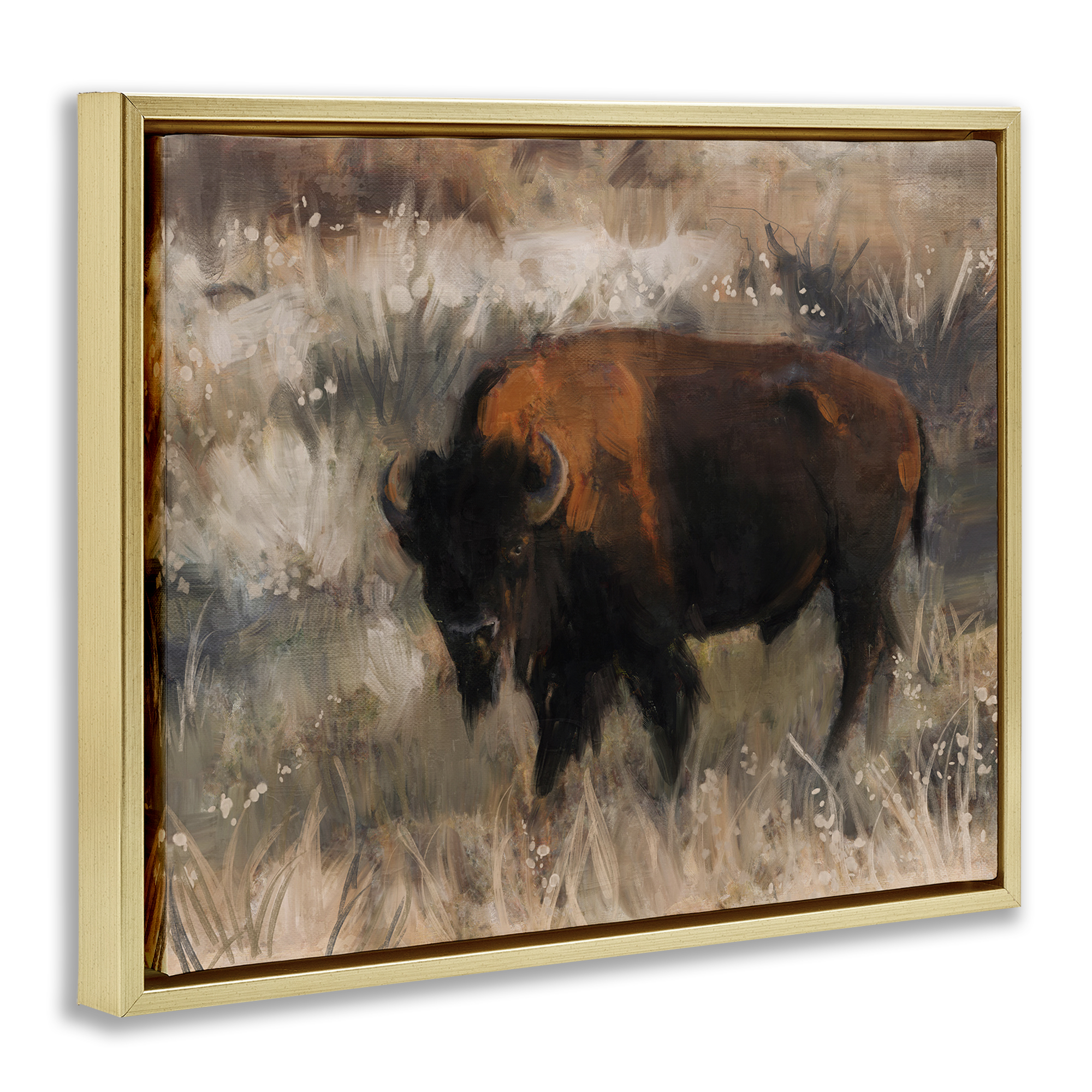 Stupell Industries Traditional Bison Range Animals & Insects Painting Gold Floater Framed Canvas Art Print Wall Art, 21 x 17