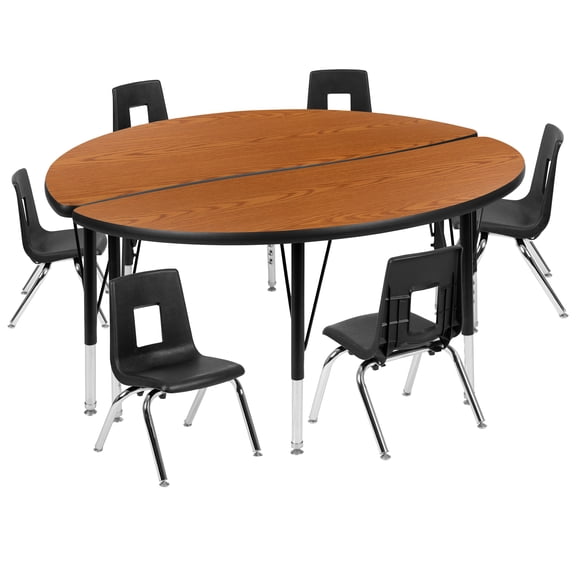 Flash Furniture Emmy 47.5" Circle Wave Flexible Laminate Activity Table Set with 12" Student Stack Chairs, Oak/Black
