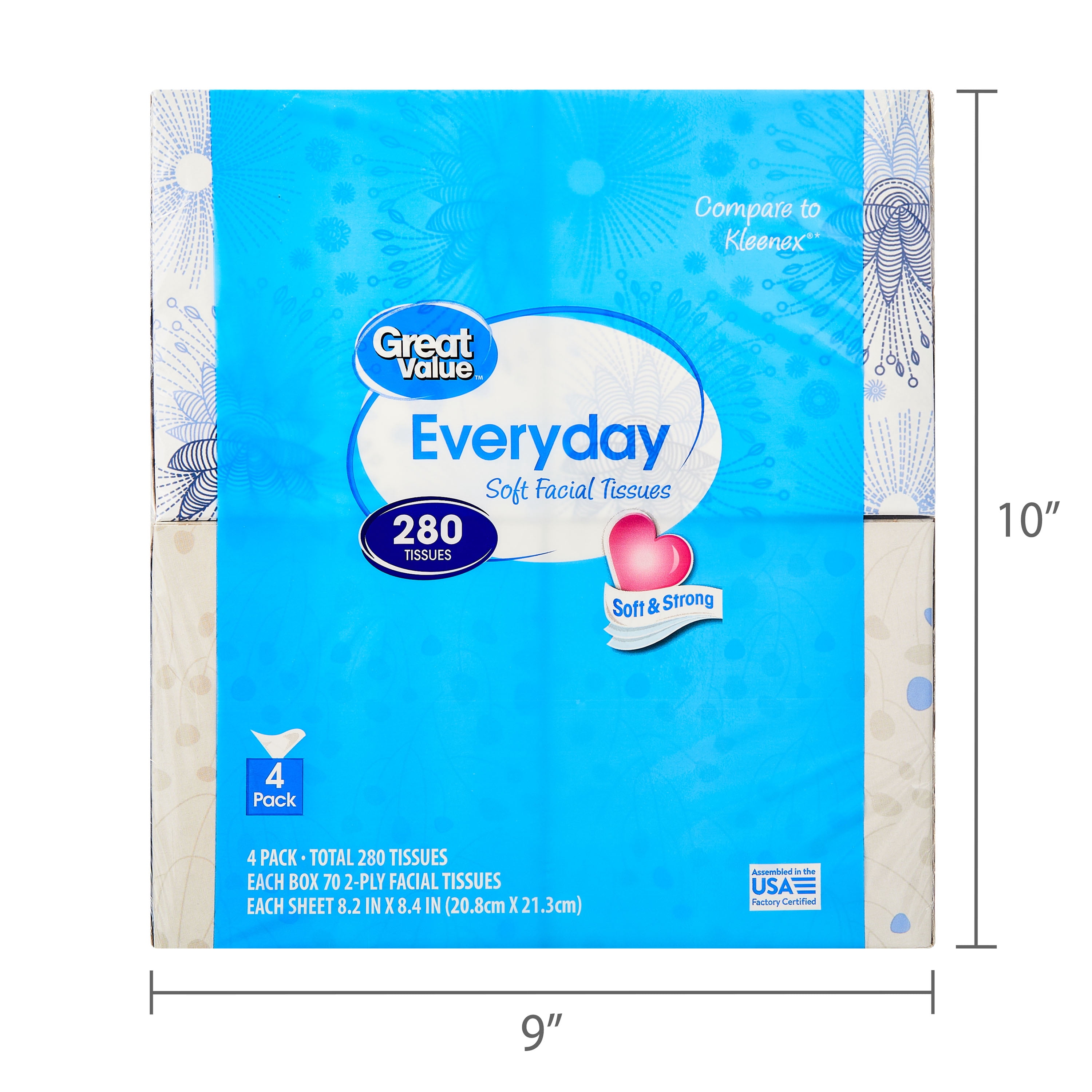 (6 pack) Great Value Everyday Soft Facial Tissues, 4 Cubes, 70 Tissues per Cube, 2-Ply