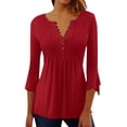 thumbnail image 1 of Gibobby Blusas Para Mujeres Camiseta con botones de color sólido plisado prensado con cuello en V y manga acampanada de siete minutos de primavera y verano para mujer（Rojo， S), 1 of 5