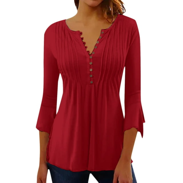 Gibobby Blusas Para Mujeres Camiseta con botones de color sólido plisado prensado con cuello en V y manga acampanada de siete minutos de primavera y verano para mujer(Rojo, S)