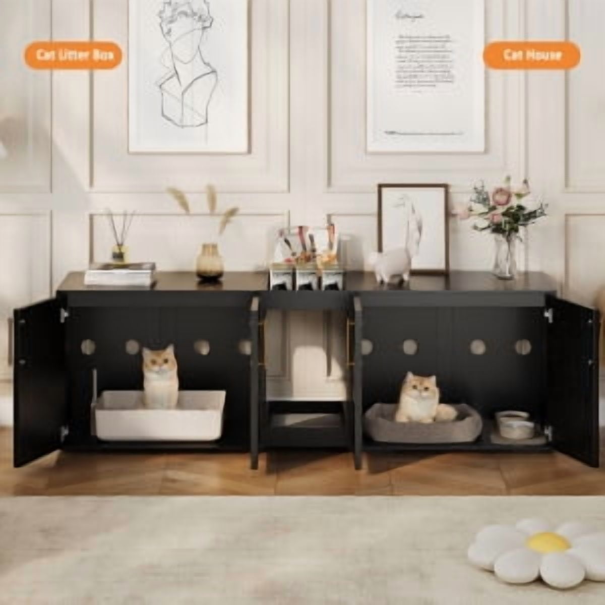 TEQIN Cat Litter Box Enclosure for 2 Cats,Litter Box Furniture with Double Room, Central Entry, Cat Hidden Litter Box TV Stand for Living Room, 55”L x 17.2”W x 22.4”H