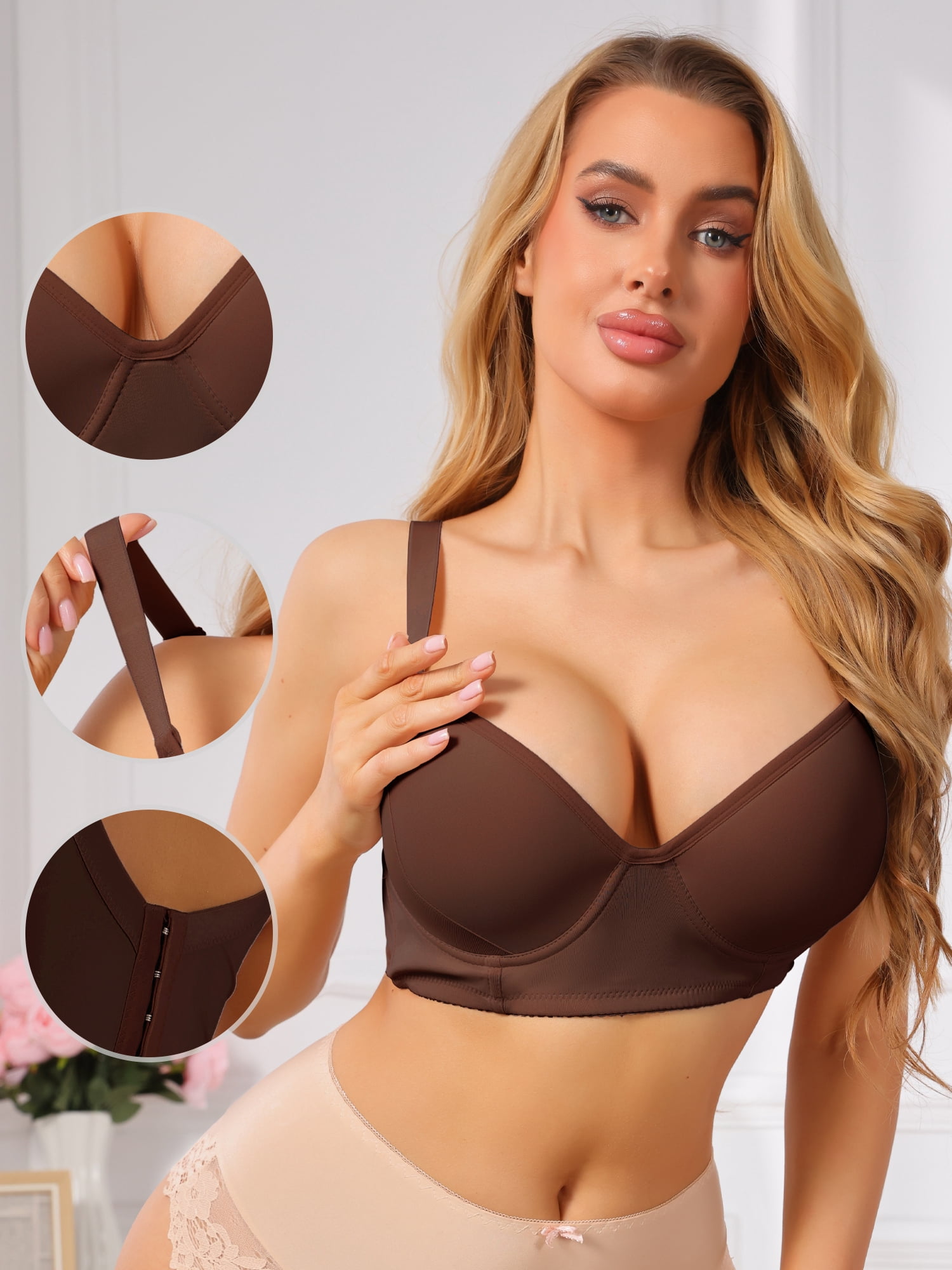DARING DIVA Women's Push Up Underwire Full Coverage 5 Row Hook Back Bra B 40 Brown
