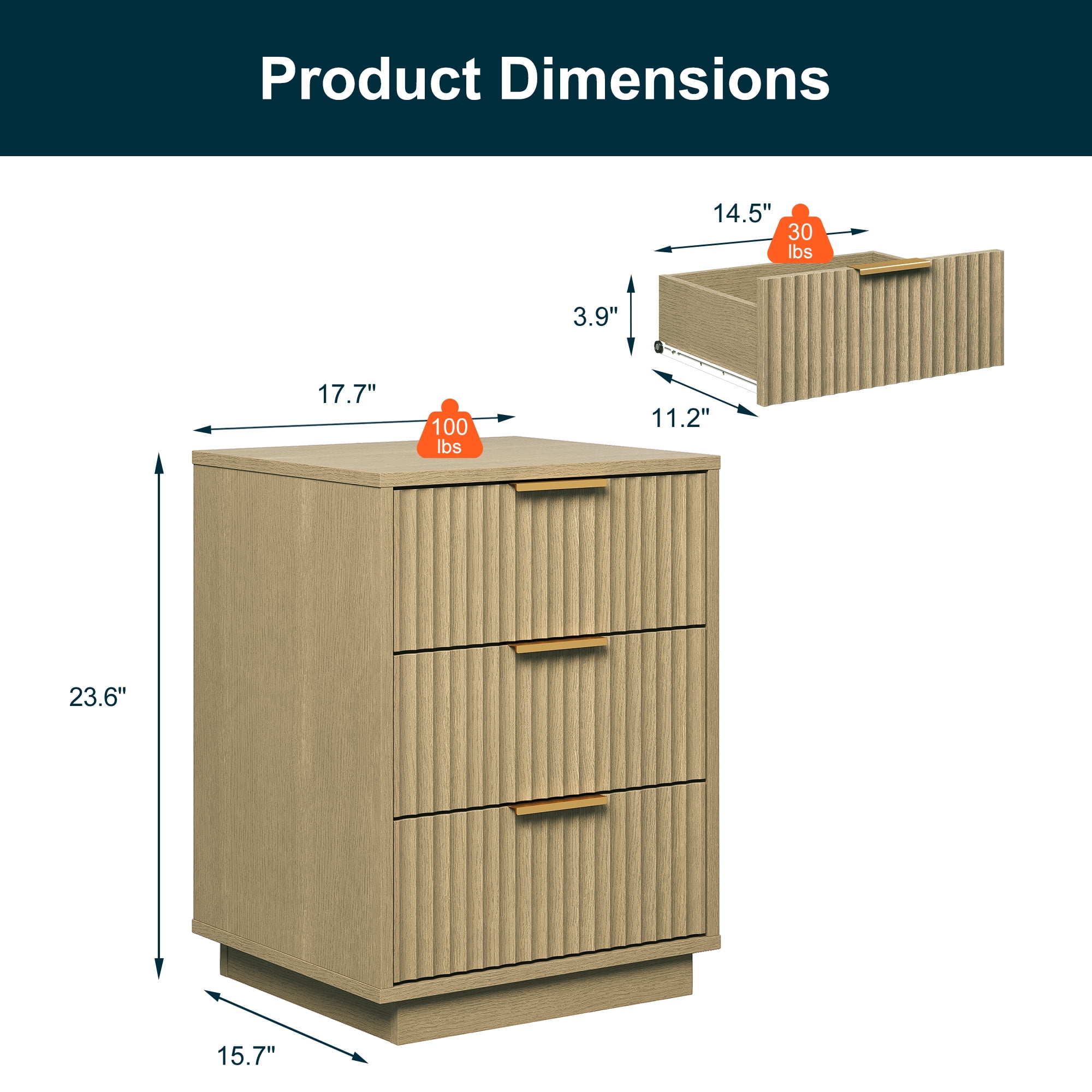 Heynemo Low 3-Drawer Dresser, Modern Storage Cabinet with Wavy Drawers for Bedroom, Hallway, or Living Room, Natural