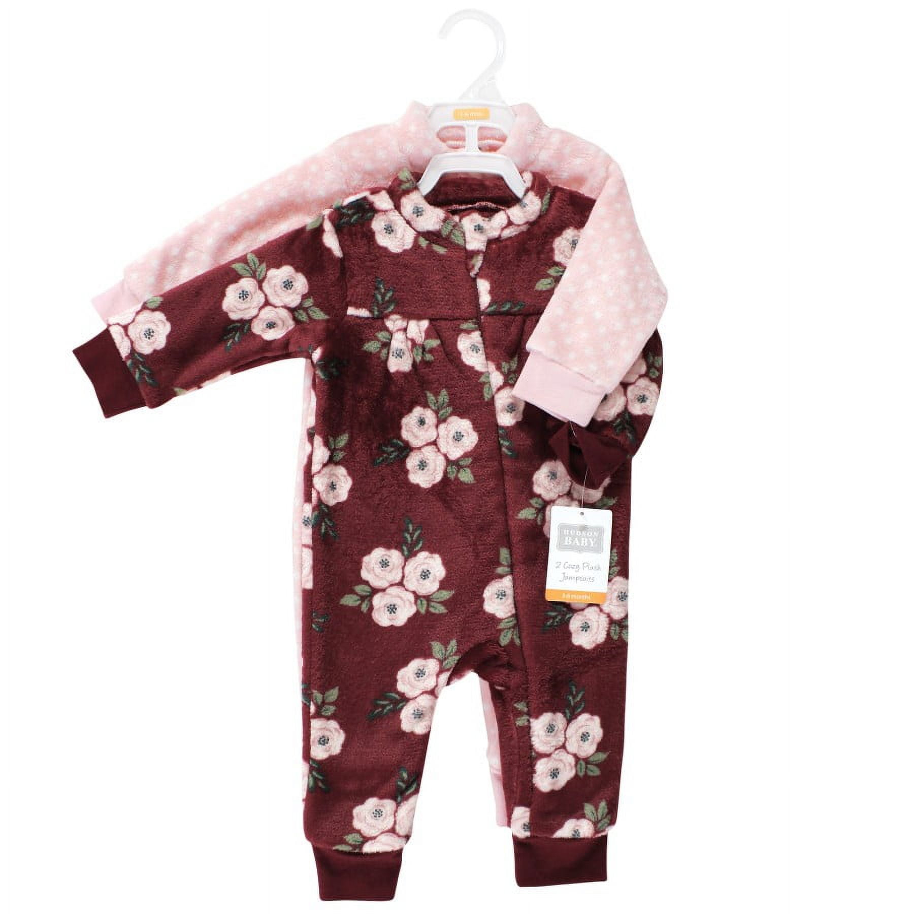 Hudson Baby Infant Girl Plush Jumpsuits, Burgundy Floral, 0-3 Months