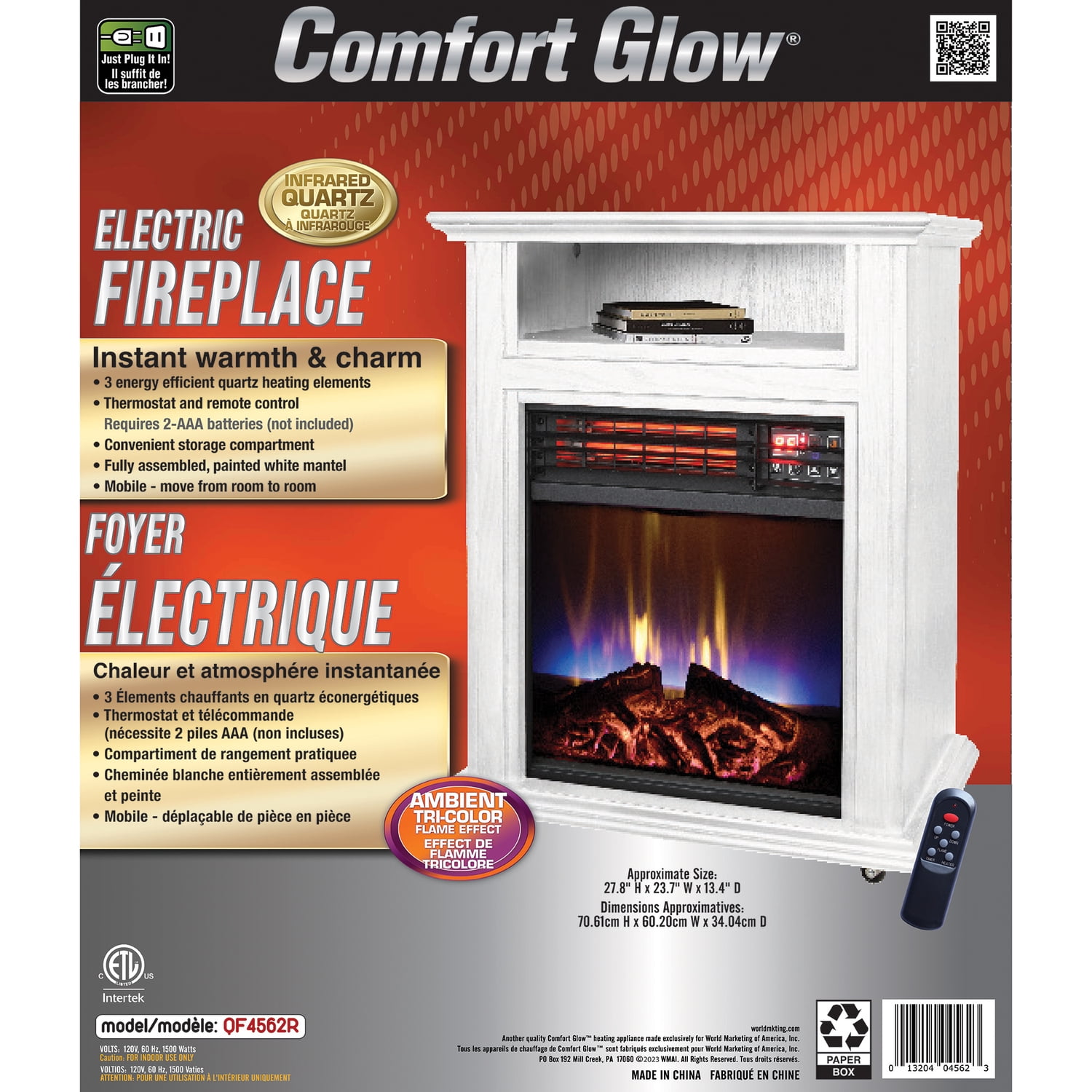Comfort Glow Mobile Electric Quartz Fireplace Heater with Blower, 1,500 Watts, 5,120 BTUs, Tri-Color Flame Effect, Remote, 6-Ft. Cord , White