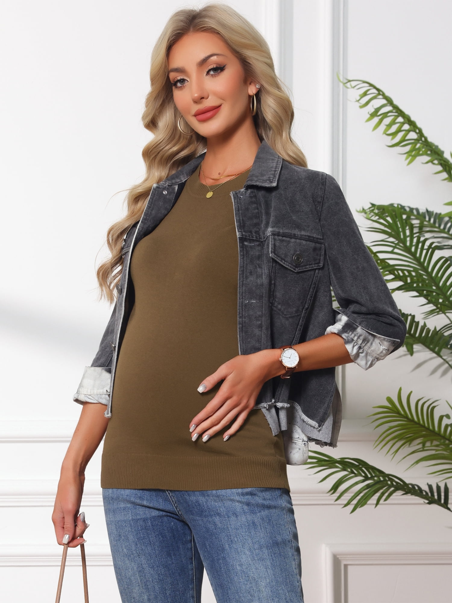 DARING DIVA Women's Maternity Stretchy Knit Short Sleeve Sweater 2XL Brown