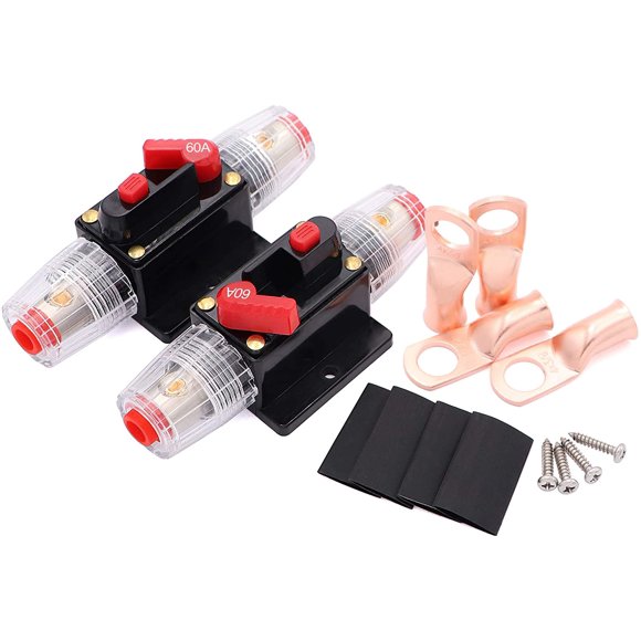 2 Pack Inline 60amp Circuit Breaker with Manual Reset Fuse Holder for Car Audio Marine Boat Stereo with Wire Lugs