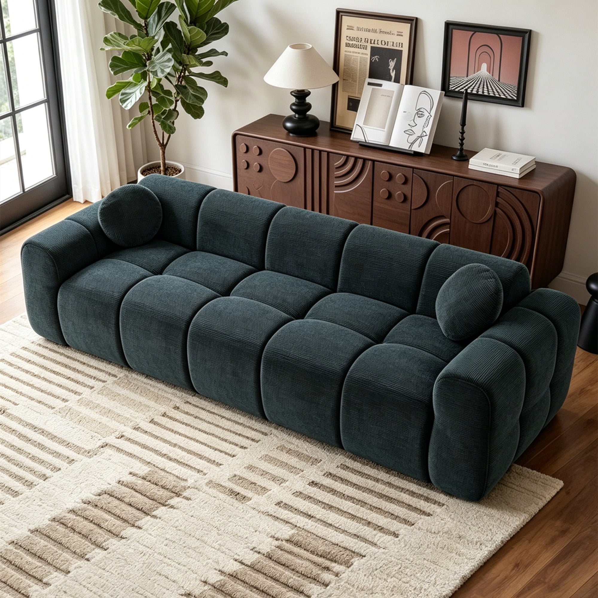 Aukfa 99" Oversized Cloud Sofa Boneless Couch 4-Seater Tufted Upholstered Sofa for Living Room, 2 Pillows, Corduroy, Black